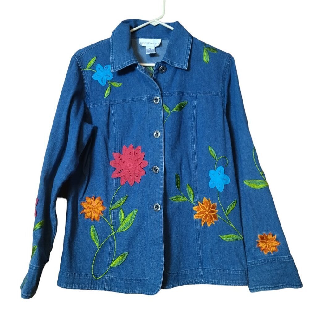 Susan Graver Style Size XS Floral Embroidered Jean Shirt Blouse Denim Feminine